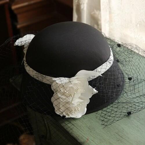 FS New Black Dome Hat With Veils Flowers Wool Felt Fedoras Caps Hats For Women Banquet Wedding Church Hats Lady Derby Cloche Cap