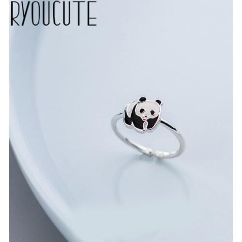 RYOUCUTE 100% Real Silver Color Exaggerated Personality Big Bear Panda Rings for Women Statement Adjustable Finger Ring