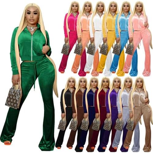 Winter Solid Velvert Tracksuit Women Long Flare Pants 2 Pieces Sets Long Sleeve Turn Down Collar Zip-up Crop Top Casual Outfit