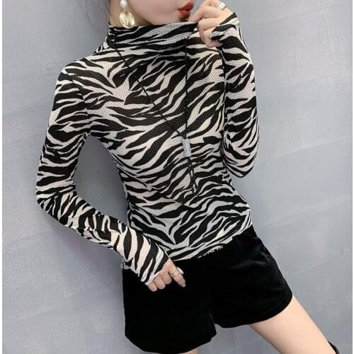 #5629 Tight Leopard T-shirt Women Turtleneck Casual Basic Woman T Shirt Long Sleeve Fashion Plus Size 3XL Thin Slim High Stretch