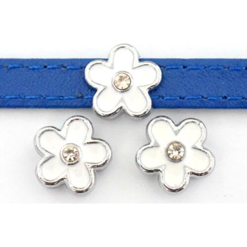 8mm Hole White Flower Slide Charms Enamel Slide Beads DIY Accessories Handmade Jewelry For Bracelets Key Chains Pet Collar