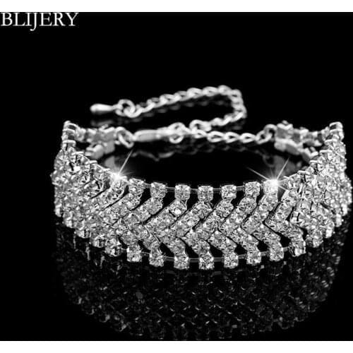 BLIJERY Sparkling Crystal Bracelets & Bangles for Women Silver Color Rhinestones Fashion Bridal Bracelets Wedding Jewelry Gifts