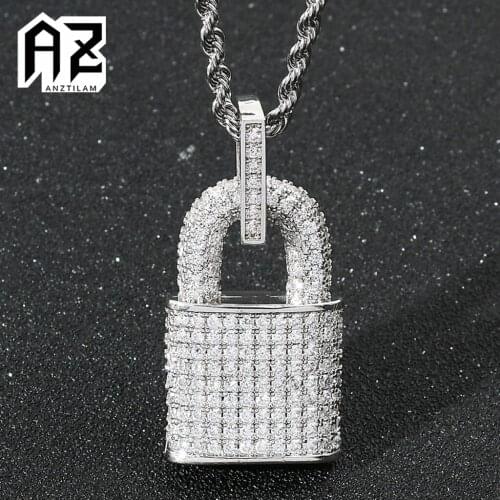 AZ HIP HOP Bling Iced Out Lock Pendants Necklace Paved Zircon Stone Long Link Chain Necklace For Man Women Jewelry Gift
