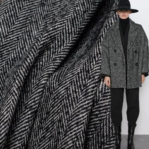 Black Herringbone Tweed 100%Wool Fabrics Garment Materials Winter Women Overcoat Sewing Cloth Tailor