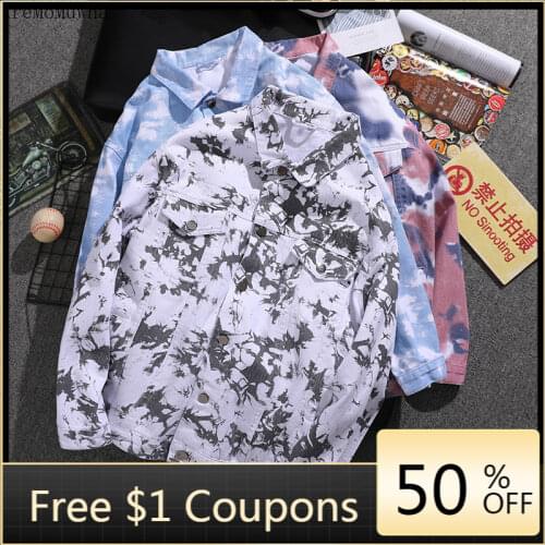 M-5XL Tie-dye Printed Denim Jacket Mens Spring Thin Trend Korean Version of The Gradient Casual Shirt Jacket Jean Jacket Men