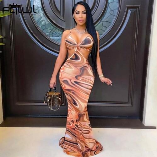 FQLWL Autumn Sexy Print Dresses For Women 2021 Cami Straps Backless Bodycon Dress Female Hollow Out Clubwear Party Maxi Dress