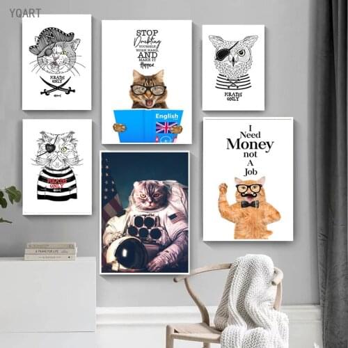 Funny Artwork Cartoon Cat Wearing Glasses Canvas Painting Pictures for Modern Children Bedroom Wall Art Decoration Poster