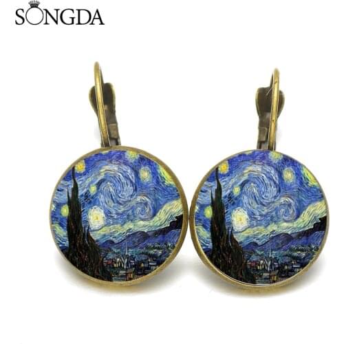 Van Gogh Starry Night Sunflower Earrings Bronze Silver Color Creative Art Painting Glass Cabochon Dangle Earrings Female