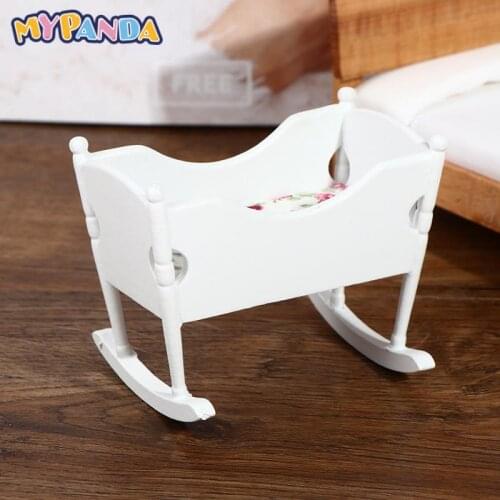 Unisex 1/12 Dolls House Miniature White Wooden Nursery Cradle Baby Crib 1:12 Dollhouse Furniture Decorate Kids Room Accessory