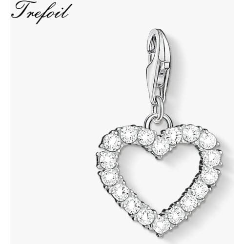 White Stone Heart Charms Pendant,Fashion Jewelry 925 Sterling Silver Classic Gift For Women Girls Fit Bracelet Necklace 2019
