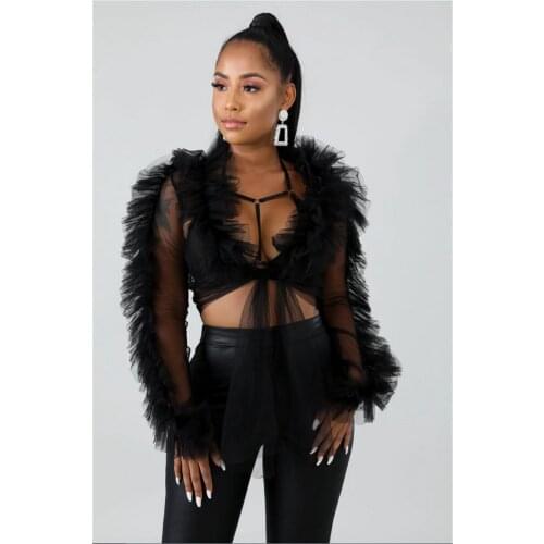 Summer Shirts Mesh Sheer See Through Ruffles Long Sleeve Crop Tops Deep V-neck Lace-up Blouses Party Outwear 3 Colors