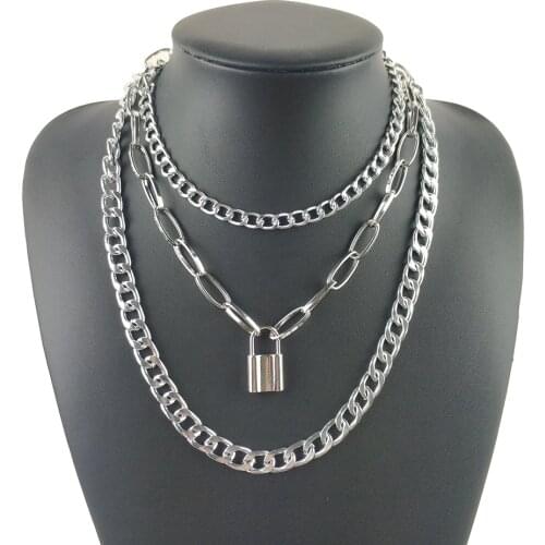 Layered Punk Chain Neck Heart Necklace Lock Key Pendant Necklaces Women Men Choker Metal Padlock Chains Goth Jewelry Accessory