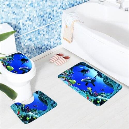 3PCS Toilet Floor Mat Set Non-Slip Flannel Bathroom Carpet with Dauphin underwater world Printing Toilet Cover&floor Rugs set