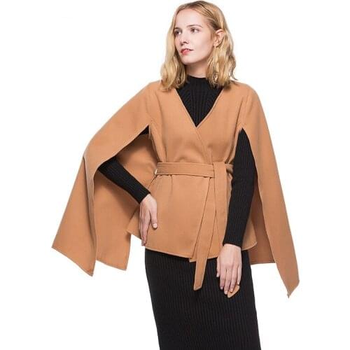 Savabien Woolen Coat Women Vintage V Neck Slim Lace Up Cloak Cape Coat 2019 Autumn Thin Office Ladies Coat Cardigan Streetwear