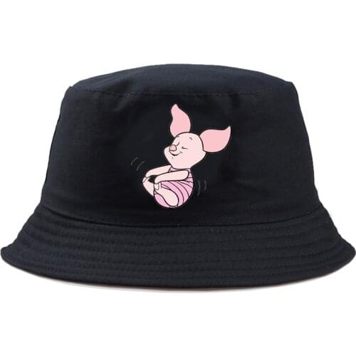 Disney Piglet Bucket Hat Summer Outdoor Sunbonnet Panama Cap Cartoon Graphic Sun Hat Harajuku Reversible Fedoras Fishing Hat