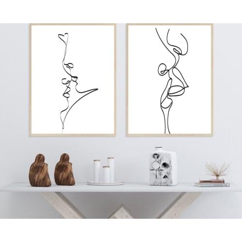 Couple Kiss Abstract Line Drawing Love Art Prints Black White Poster Valentines Day Gift Romantic Wall Art Canvas Painting Decor