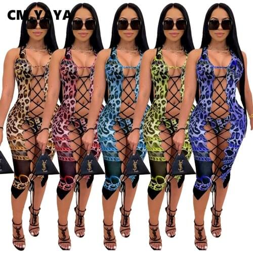 CM.YAYA Beach Womens Bikini Set Active Lace Up Hollow Out Midi Dress & Bra & Panties Three Piece Matching Set Swimsuit 5 Color