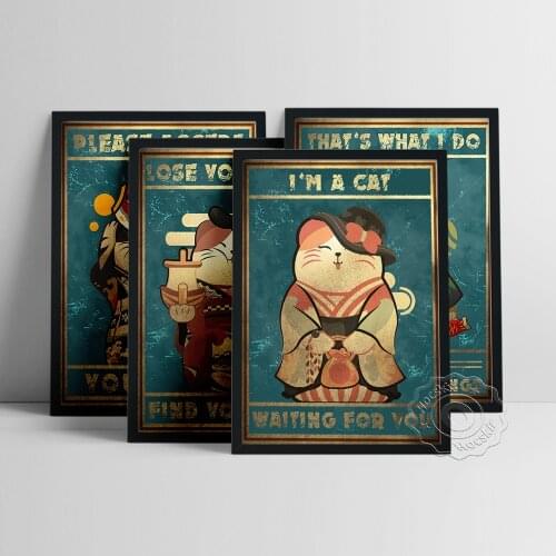 Please Accept Vour Fish Poster, Positive Text Prints Art, Pet Store Cat Cafe Shop Wall Picture, Japan Vintage Lucky Cat Wall Art
