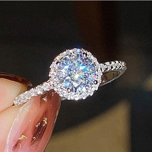 Luxury Female Round Zircon Stone Ring 100% Real 925 Sterling Silver Wedding Rings For Women Charm White Crystal Engagement Ring