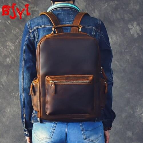 Mens Crazy Horse Leather Backpack Large Capacity Travel Backpacks Genuine Leather Retro Men Computer Bag School Bags Original