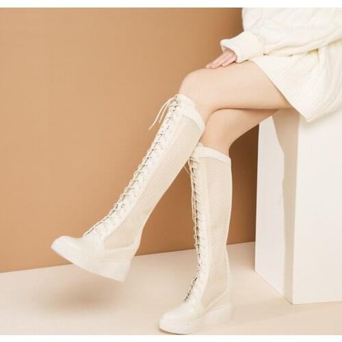 Summer Simple Women Genuine Leather Cross-tied Knee-High Long Boots Ladies Breathable Mesh Zipper Height Increasing Boots 200301