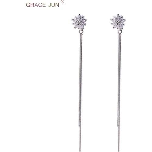 GRACE JUN AAA CZ Snowflake Shape Clip on Earrings and Long Tassel Drop Pierced Earrings for Women Hot Sale Christmas Earrings