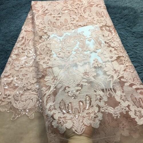 Light Pink African Lace Fabric 2021 Embroidered Nigerian Laces Fabric High Quality French Tulle Lace Fabric With Sequins M23571