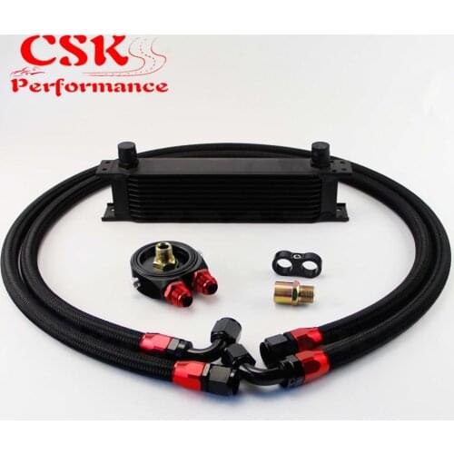 10 ROW AN10 UNIVERSAL ENGINE TRANSMISSION OIL COOLER + FILTER KIT BLACK