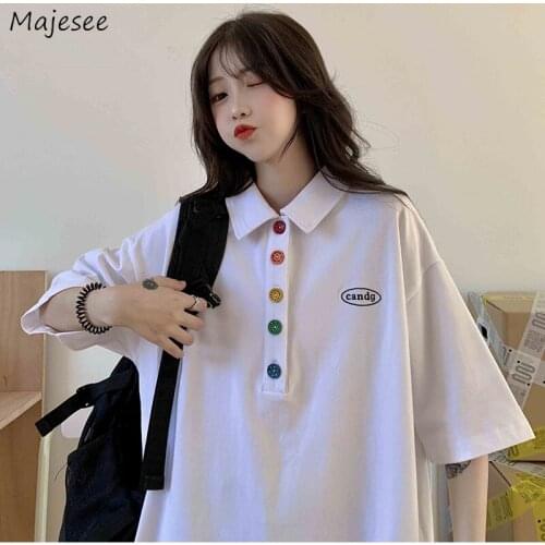 T-shirts Women Short Sleeve All-match Preppy Style Girls Rainbow Buttons Lovely Loose Half-sleeve Streetwear Turn-down Collar