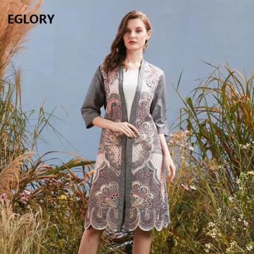 100%Linen Coat Jacket 2020 Spring Summer Fashion Cardigan Coat Women Allover Exquisite Embroidery 3/4 Sleeve Casual Grey Coats
