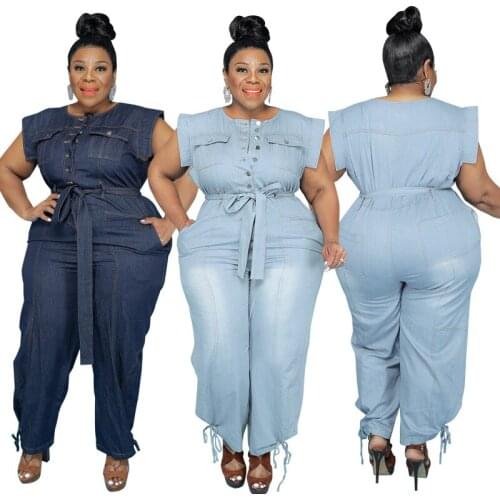 Somoshein Xl-5xl Blue Series Plus Size Jeans Casual Romper Elegant Denim Jumpsuits Women Summer Overalls Wholesale Dropshipping