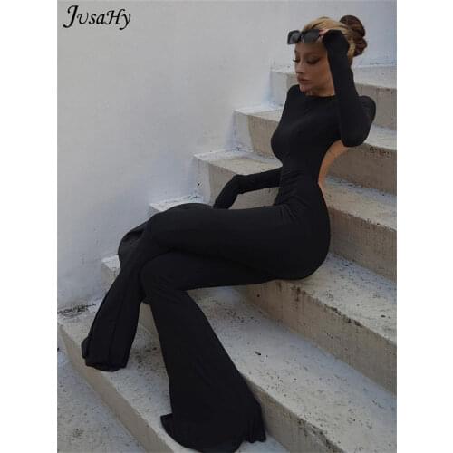 JuSaHy Aytumn Y2K Solid Black Basic Bodysuit for Women Fashion Long Sleeves Halter Backless Flare Pants Simple Casual Streetwear