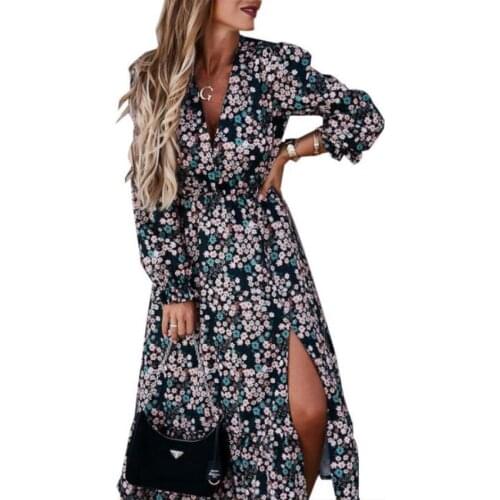 Leopard Women Autumn Dress 2020 Floral Print V-Neck Maxi Tunic Button Up Split vestido Flowy Evening Party Shirt Dresses