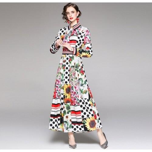 2021 autumn fashion Elegant women High Quality long sleeve turn down collar casual print maxi dress
