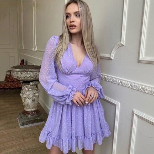 Women V-Neck Dress Chiffon casual Ladies Swiss Dot Ruffles Solid Color Lantern Sleeve Robe A Line Mini Dresses Woman Summer 2021