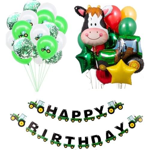 1 Set Of Farm Green Theme Engineering Car Happy Birthday Banner Tractor Party Decoration Truck Excavator Balloon Cake Topper