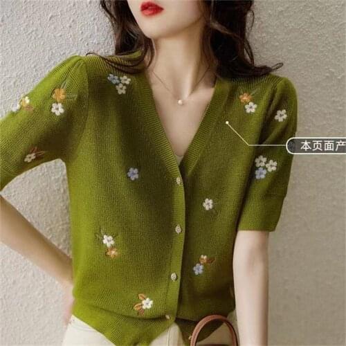 New Embroidery Oversize Womens Blouses Summer Tops Femme Casual Women Shirt Short Sleeve Knitted Girls Blouse New Blusas