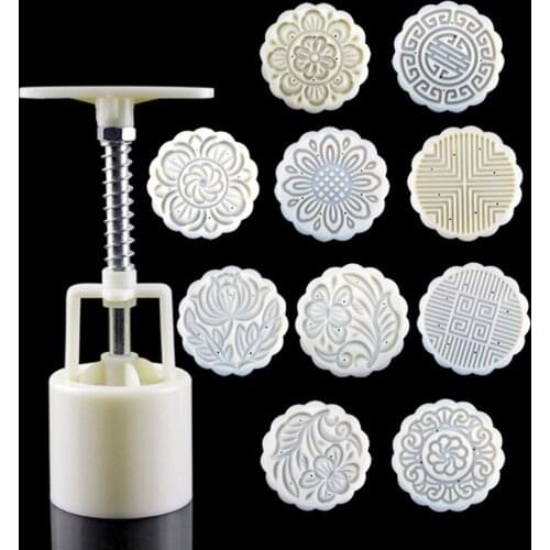 3D Flowers Mooncake Mold 1 Barrel+10 Stamps Set Hand Pressure Fondant Moon Cake Mould DIY Baking Accessories Cake Cutter Mold