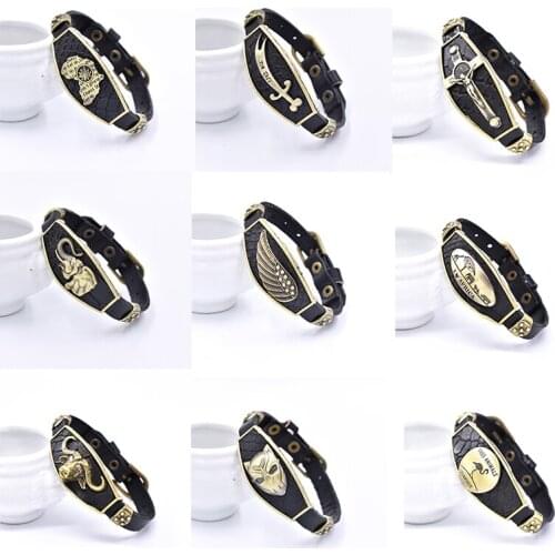 9 Styles Trendy Punk Wings Elephant Cross Knife Africa Map Scenery Buffalo Black Panther Flamingo Leather Wrap Bracelet Men