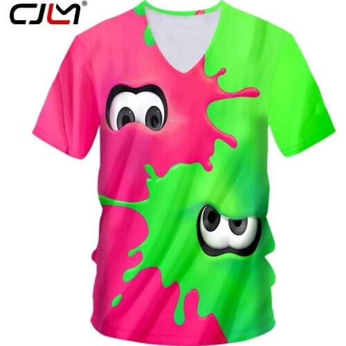 CJLM V Neck T Shirts Male Fashion Short 3D Tee Shirt Printing Cartoon Red-green Eyes Summer Leisure Big Size Unisex T-shirt