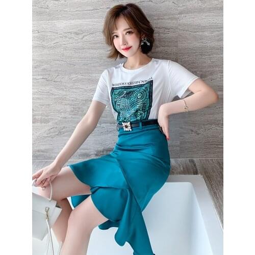 Top Quality Round neck ironing diamond printing T Compassionate+Fishtail solid skirt suit new for summer