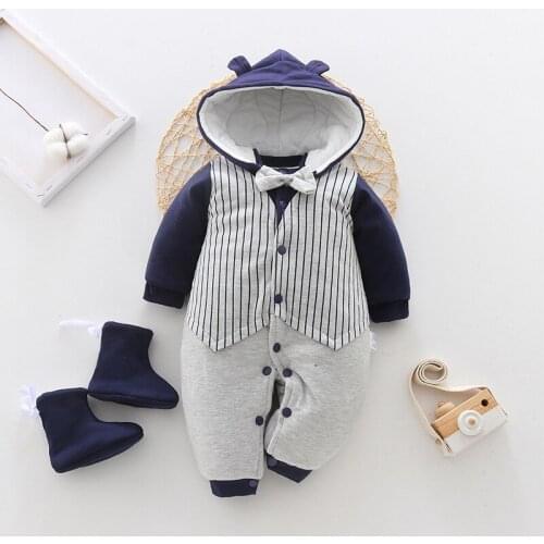 Winter Baby Boys Rompers Kids Girls Thickened With Hooded Button Cartoon Pajamas Casual Outwear Jumpsuit For Newborn 0-24M