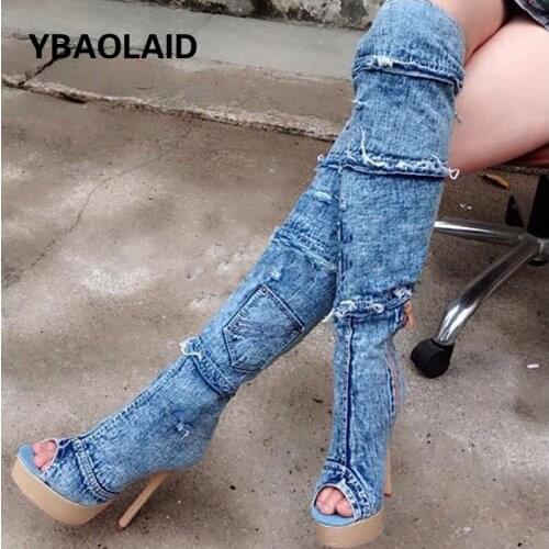 Cowboy Stitching Side Zipper Bag Toe Super High Stiletto Boots New Fish Mouth Platform Lace Wedges Over-the-knee Sandals