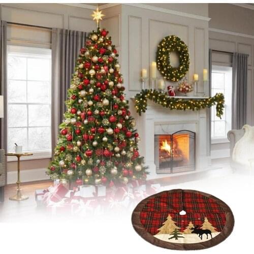 Round Red Grid Christmas Tree Skirt Elk Linen Lattice Rug Home Party Decoration Floor Mat 108cm