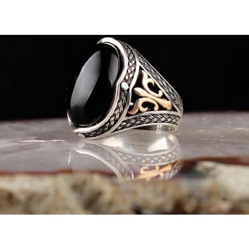 Oval Black Onyx Stone Ottoman Ring for Men 925 Sterling Silver Collocation Fashion Natural Mask Rings Vintage Antique Jewlery