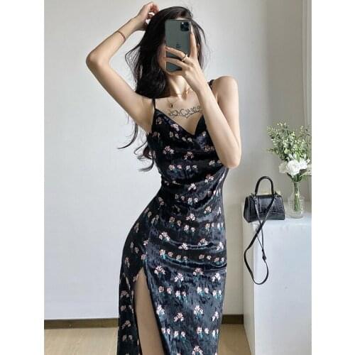 Real shot 2021 new fashion velvet print suspender split dress sexy backless beach holiday dress