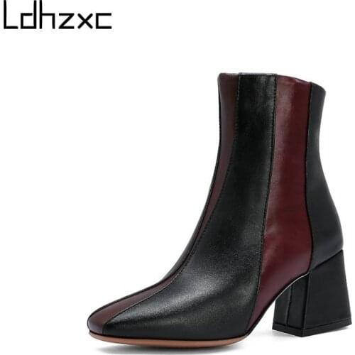 LDHZXC New Autumn Winter Zipper Boots Pu Leather Fashion Thick High Heel Ankle Boots Round Toe Casual Women Shoes Size 34-48