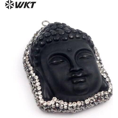 NP366 WKT Religious Buddhism Leshan Giant Buddha Token,Black Obsidian With Full Rhinestone Paved Charm Pendant,Gift For Her