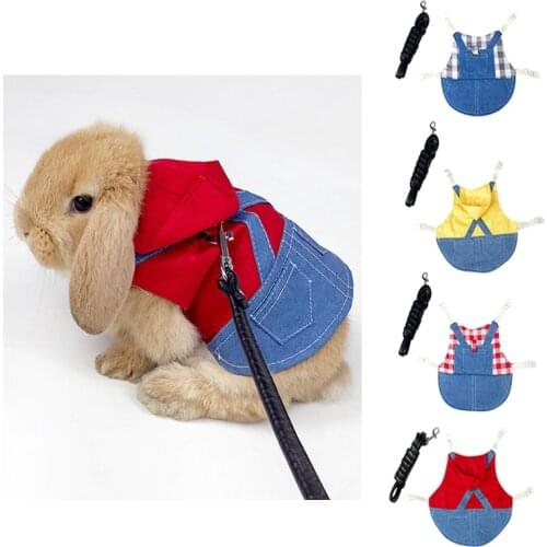Pet Rabbit Clothes Denim Jacket Coat Small Animal Harness With Leash Vest Bag Hat Set for Hamster Ferret Bunny Small Pet Supplie