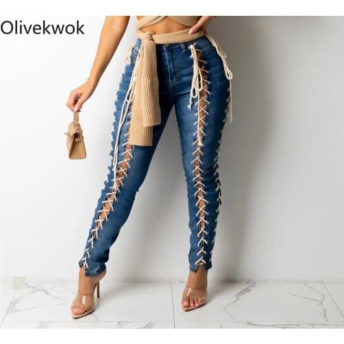 Olivekwok 2021 Autumn Woman Fashion Solid Jeans Skinny Bright Line Decoration Eyelet Full Length Pants